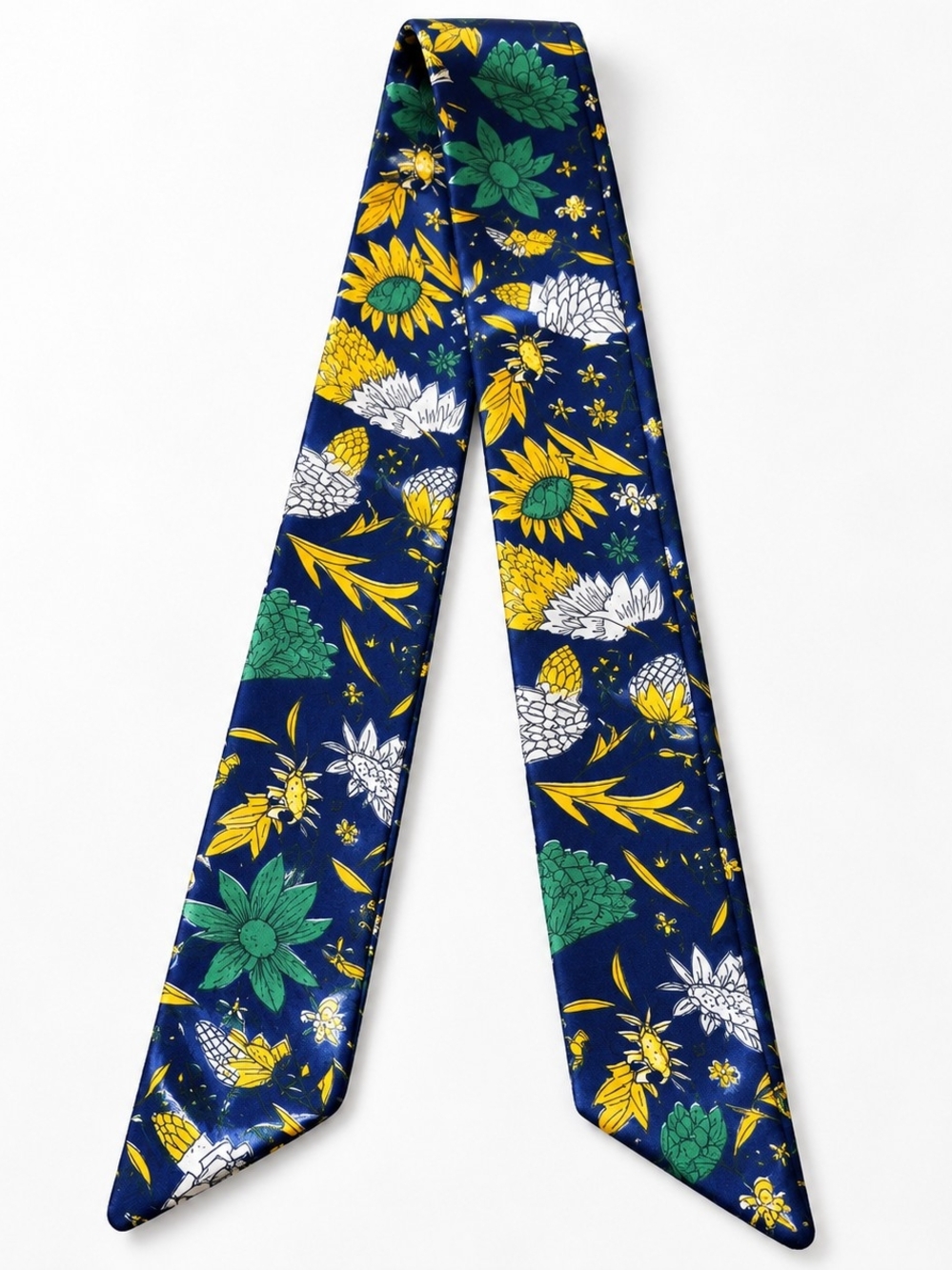 Navy Blue Sunflower Print Satin Skinny Scarf Twilly Tie